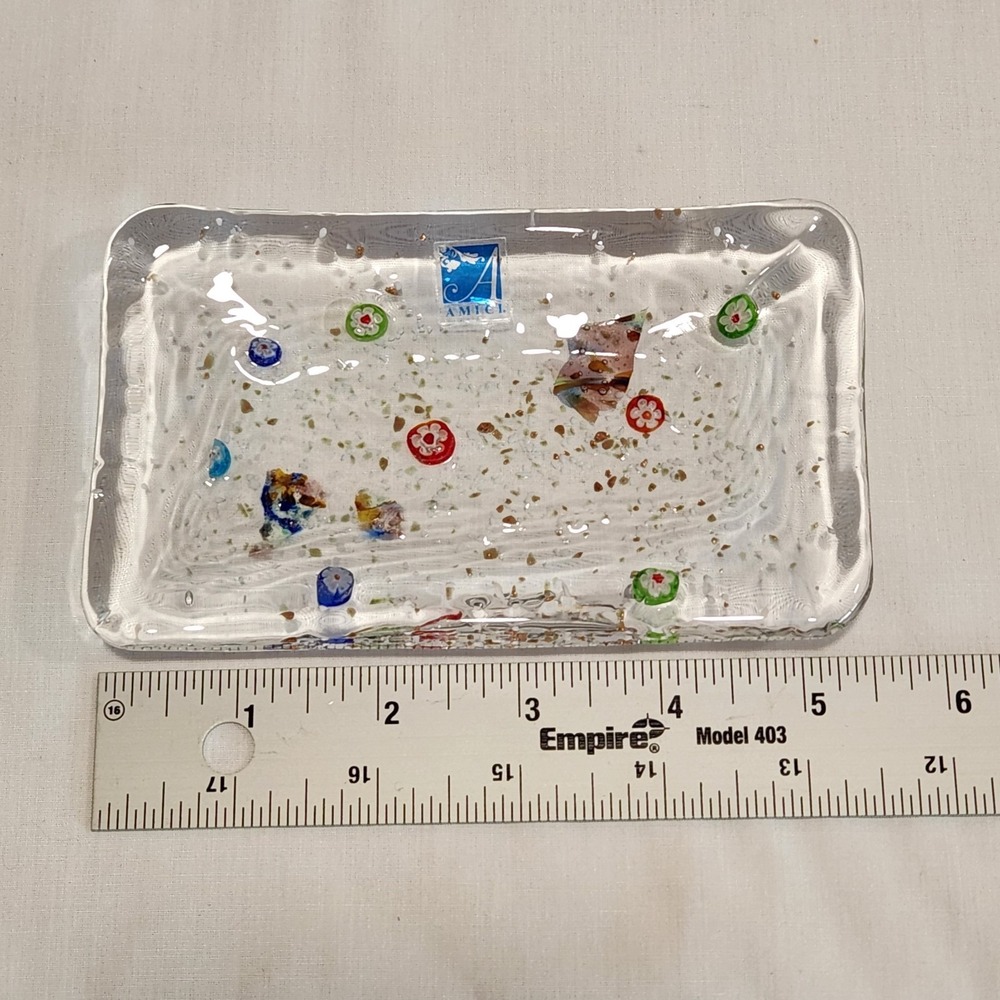 Amici Fused Clear Glass Small Trinket Dish Plate Colorful Millefiori 5.5"x3.25" - Picture 6 of 8